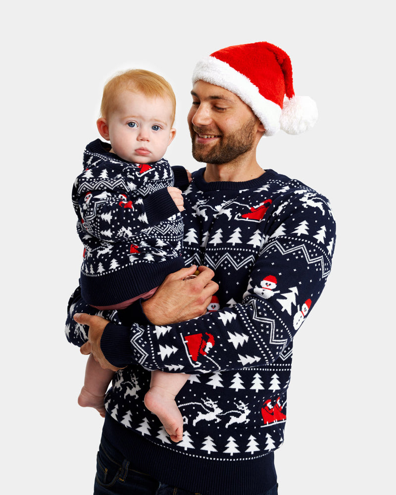 Pull de Noël pour Famille avec Sapins, Bonhommes de Neige et Père Noël
