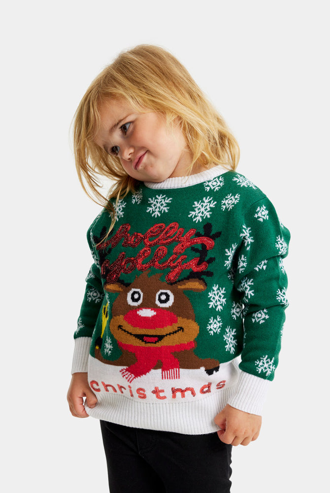 Pull de Noël pour Famille Vert Holly Jolly Sequins Enfants