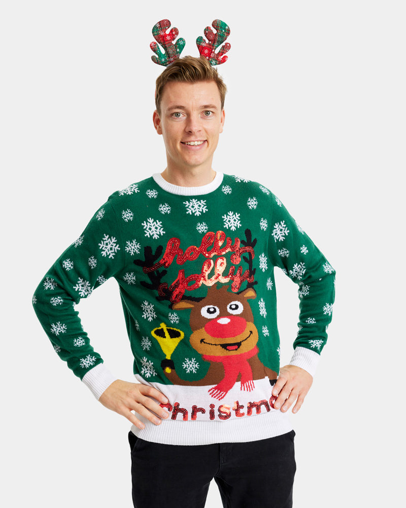 Pull de Noël pour Famille Vert Holly Jolly Sequins Homme