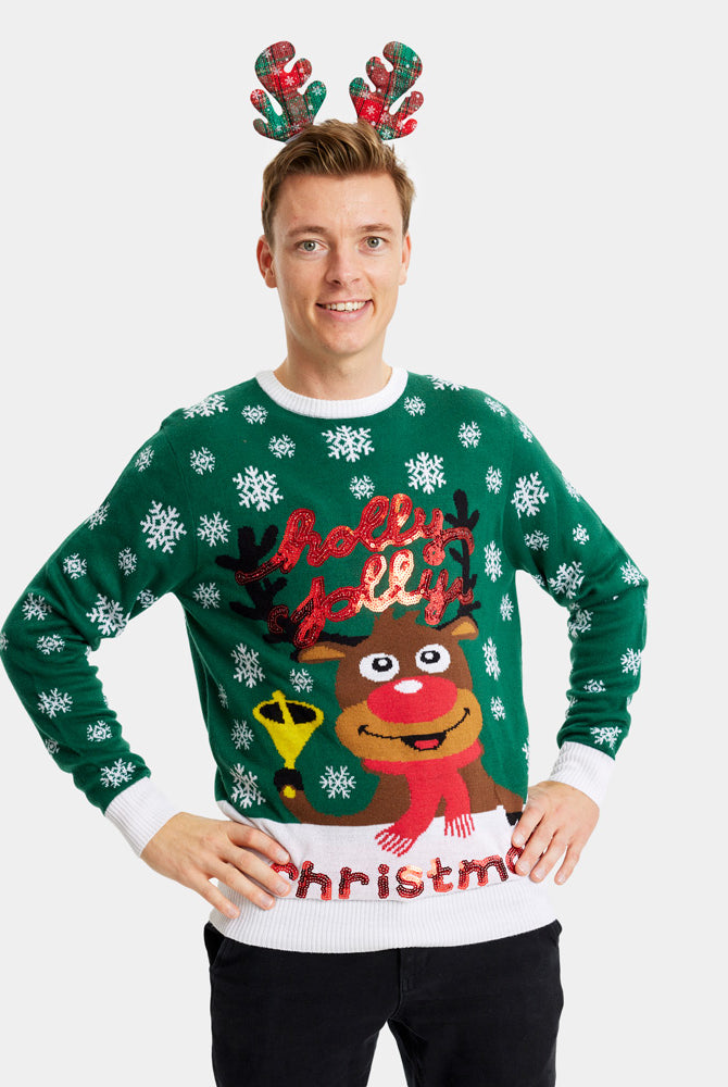 Pull de Noël pour Famille Vert Holly Jolly Sequins Homme