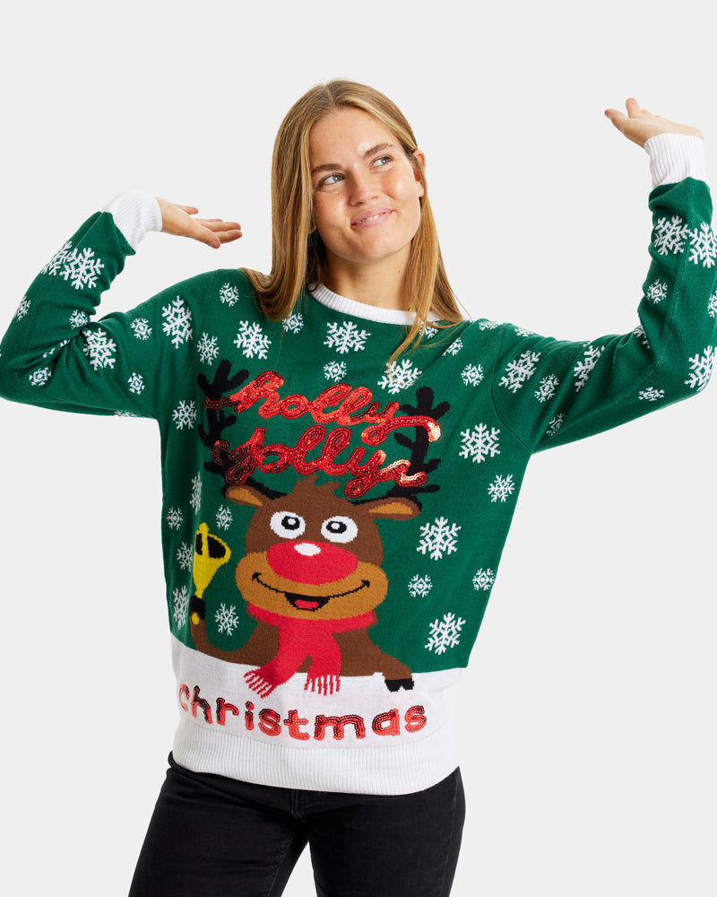 Pull de Noël pour Famille Vert Holly Jolly Sequins Femme