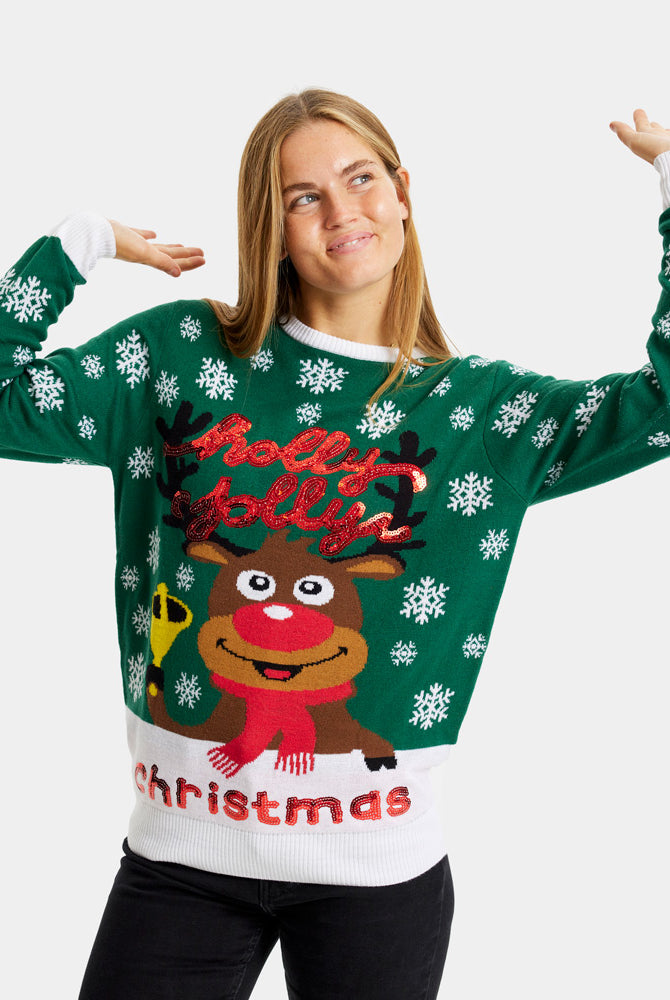 Pull de Noël pour Famille Vert Holly Jolly Sequins Femme