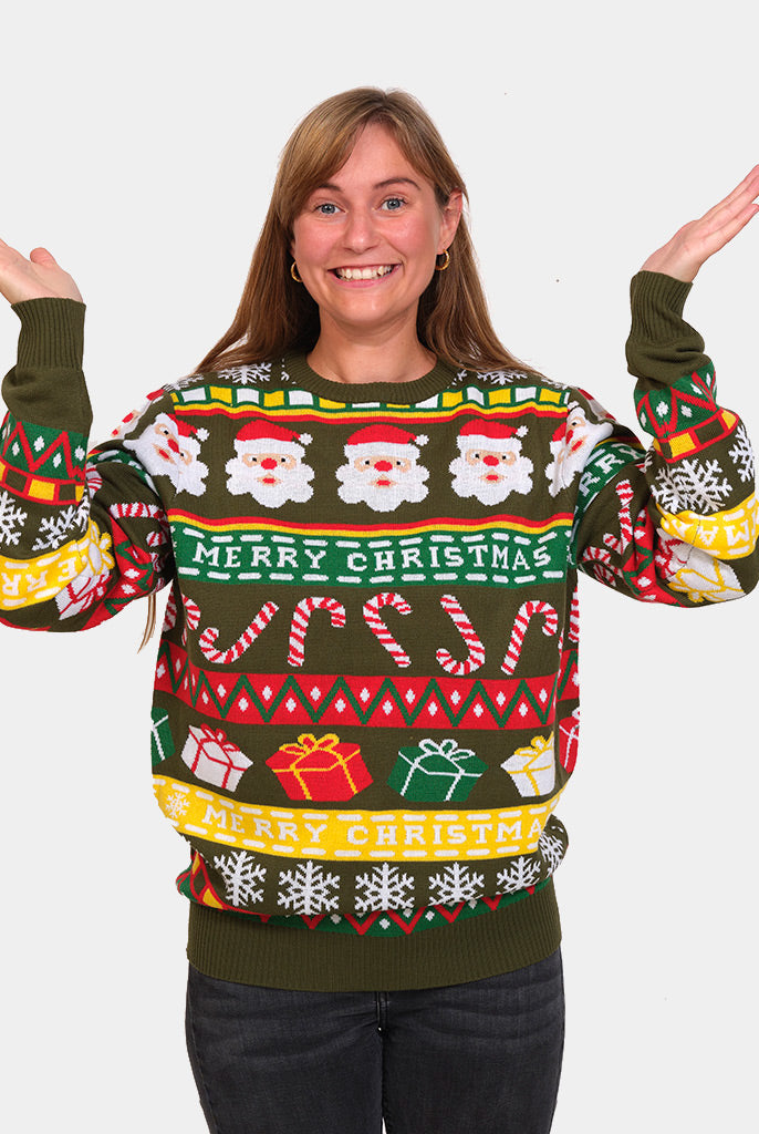 Pull de Noël pour Famille Vert avec Père Noël et Cadeaux Femme