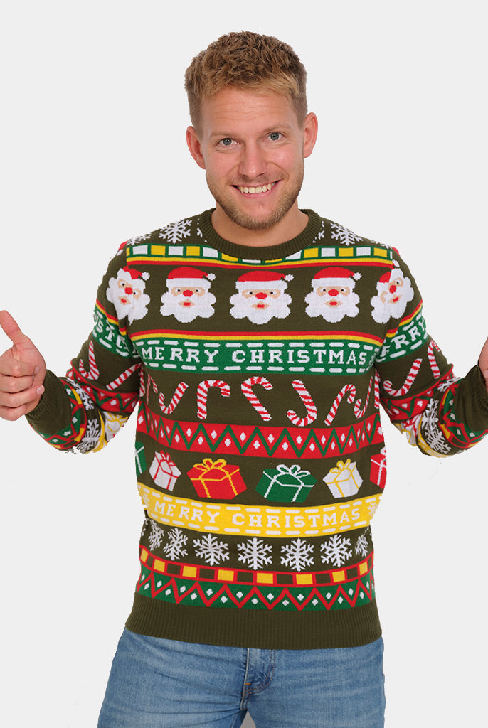 Pull de Noël pour Famille Vert avec Père Noël et Cadeaux Homme
