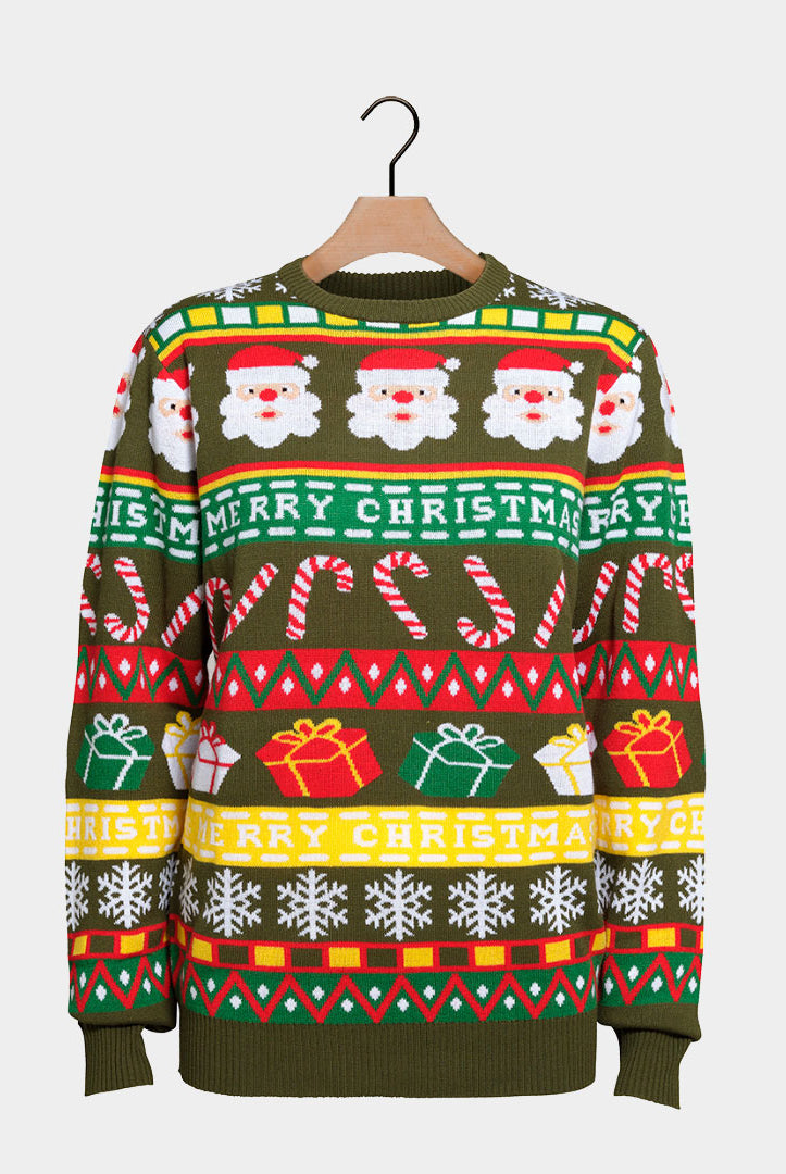 Pull de Noël pour Famille Vert avec Père Noël et Cadeaux