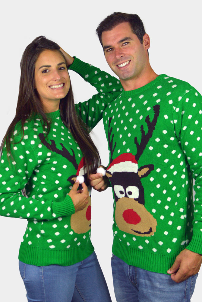 Pull de Noël pour Famille Vert Renne avec Bonnet de Noël 3D casal