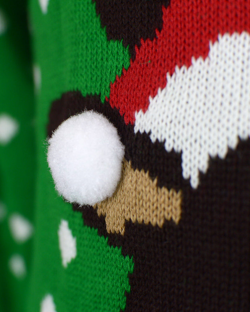 Pull de Noël pour Famille Vert Renne avec Bonnet de Noël 3D Détail
