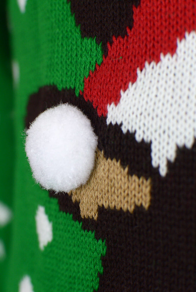 Pull de Noël pour Famille Vert Renne avec Bonnet de Noël 3D Détail