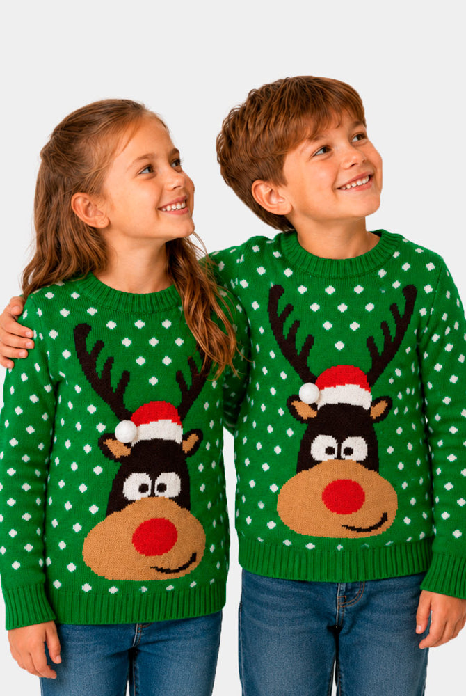 Pull de Noël pour Famille Vert Renne avec Bonnet de Noël 3D Enfant