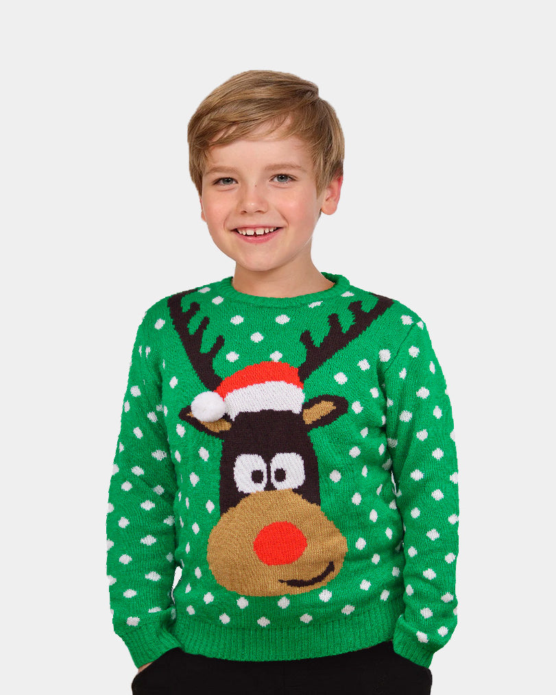 Pull de Noël pour Famille Vert Renne avec Bonnet de Noël 3D Enfant