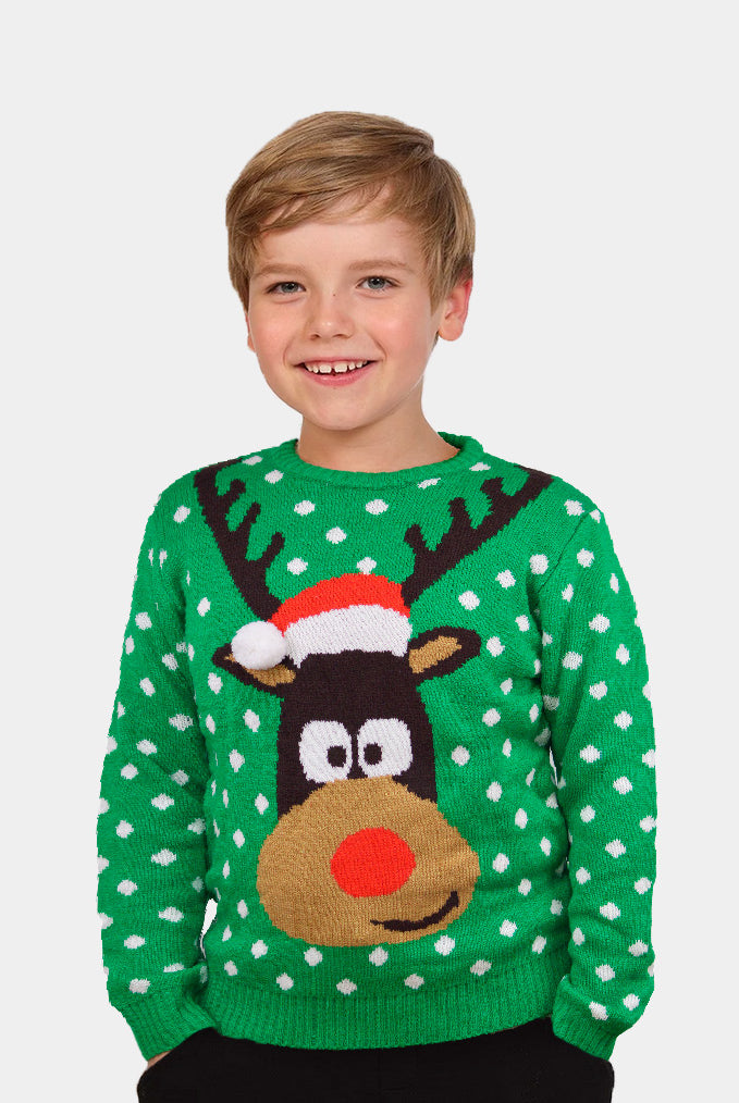 Pull de Noël pour Famille Vert Renne avec Bonnet de Noël 3D Enfant