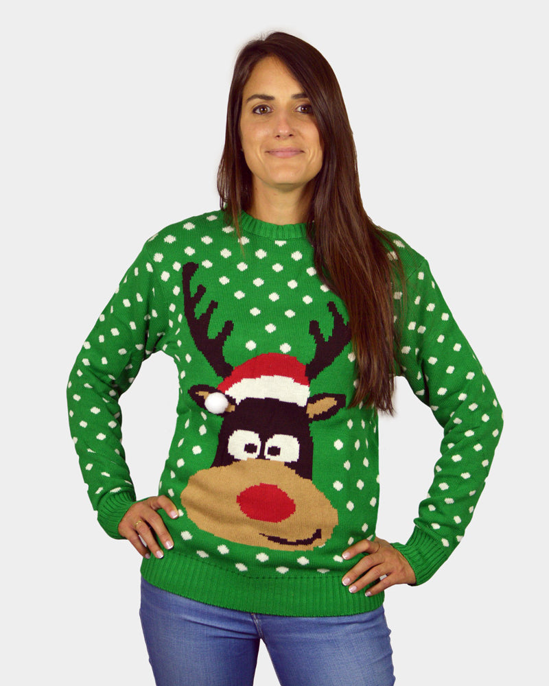 Pull de Noël pour Famille Vert Renne avec Bonnet de Noël 3D femme