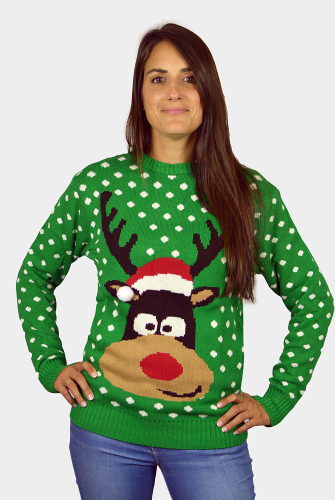 Pull de Noël pour Famille Vert Renne avec Bonnet de Noël 3D femme