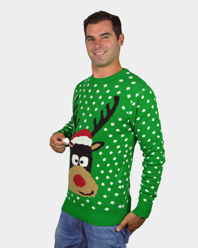 Pull de Noël pour Famille Vert Renne avec Bonnet de Noël 3D homme
