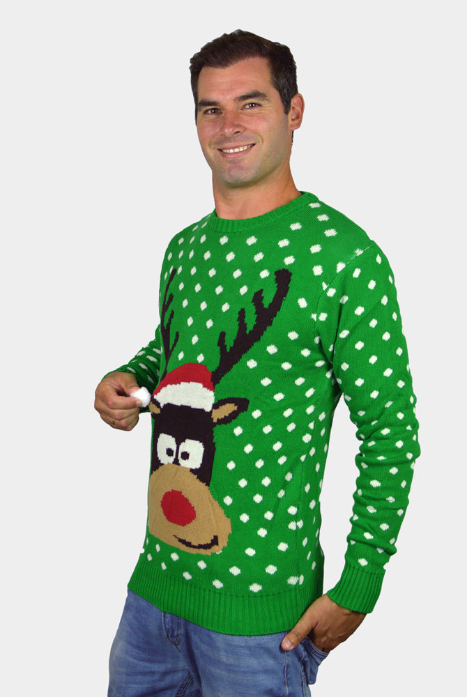 Pull de Noël pour Famille Vert Renne avec Bonnet de Noël 3D homme