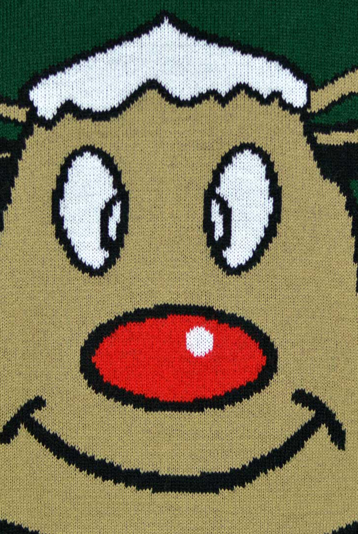 Pull de Noël pour Famille Vert avec Renne Souriant Détail