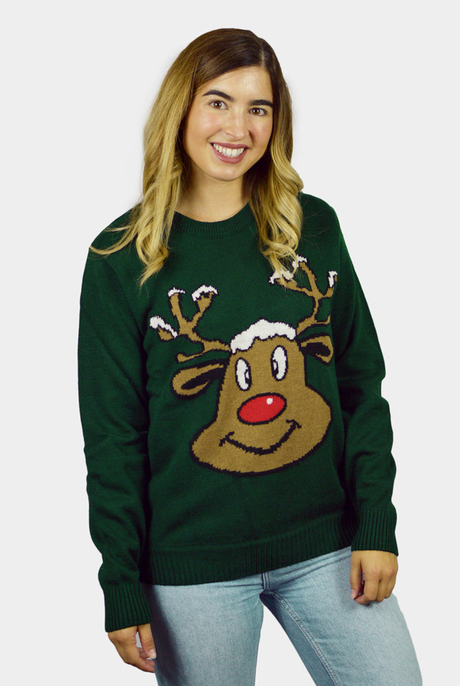 Pull de Noël pour Famille Vert avec Renne Souriant Femme