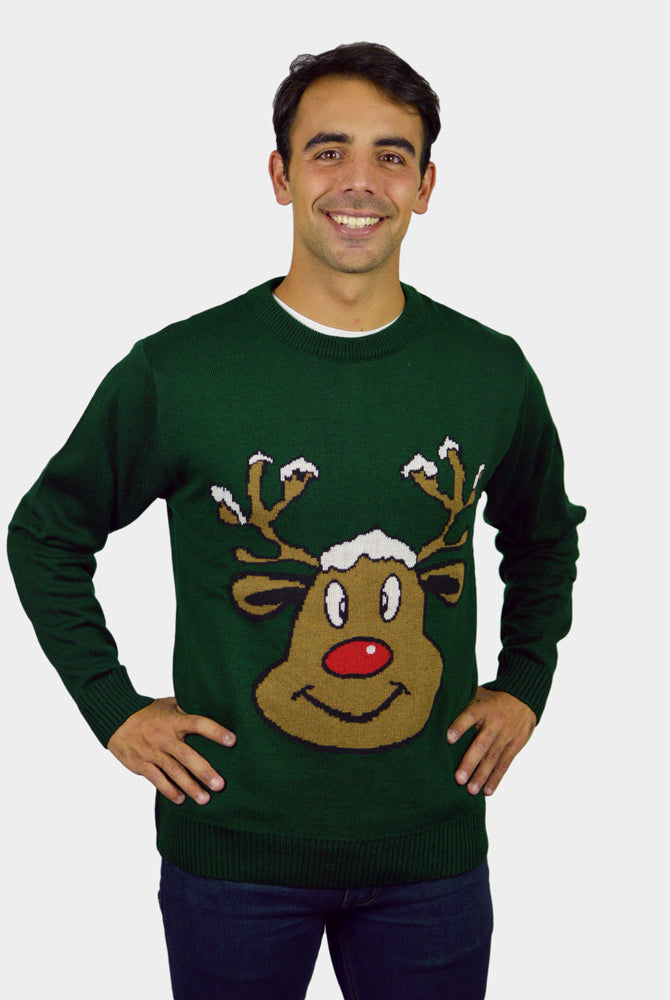 Pull de Noël pour Famille Vert avec Renne Souriant Homme