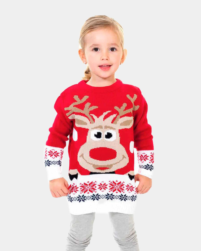 Pull de Noël pour Enfants Rouge avec Renne et Neige Fille