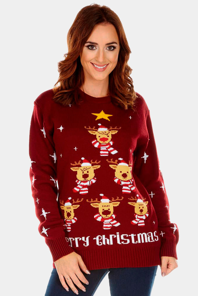 Pull de Noël Grenat Rennes, Sapin de Noël et Étoiles Femme
