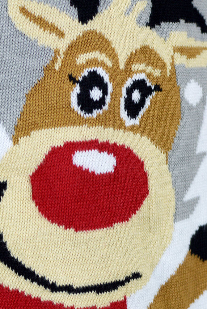 Pull de Noël Gris avec Rennes Mignonnes Détail