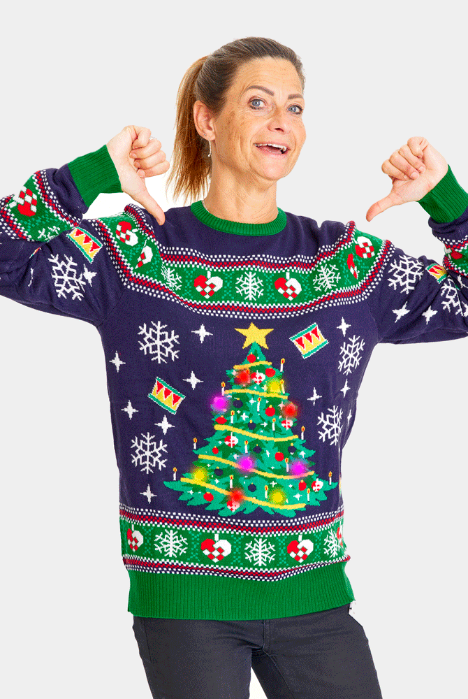 Pull de Noël Lumineux LED Bleu avec Sapin de Noël Femme