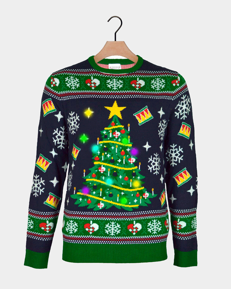 Pull de Noël Lumineux LED Bleu avec Sapin de Noël