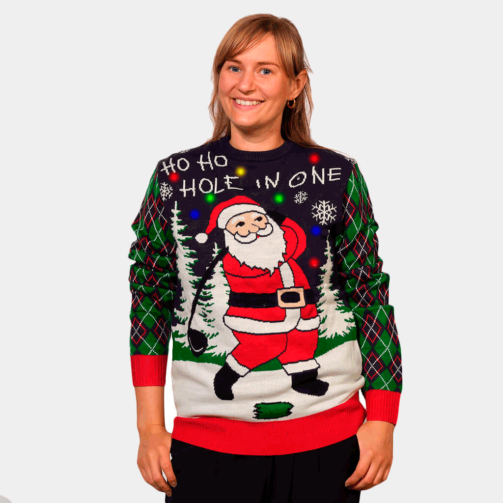 Pull de Noël Lumineux LED Père Noël jouant au Golf Femme