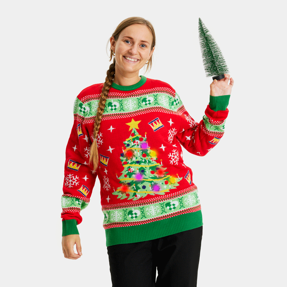 Pull de Noel pour Femme Lumineux LED Rouge avec Sapin de Noel Pulls de Noel