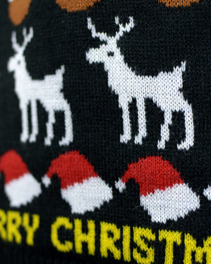 Pull de Noël Noir pour Famille avec Sapins, Rennes et Cadeaux Détail