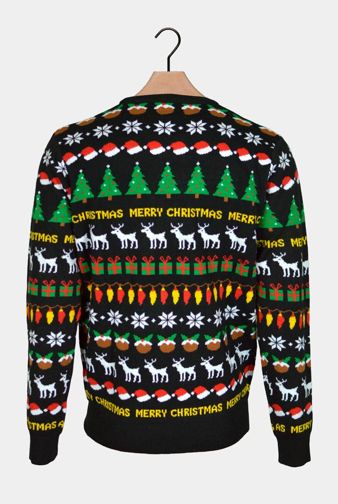 Pull de Noël Noir avec Sapins, Rennes et Cadeaux Dos