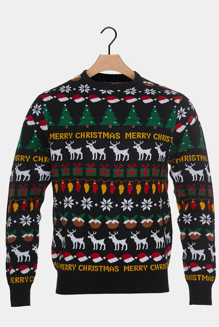 Pull de Noël Noir avec Sapins, Rennes et Cadeaux