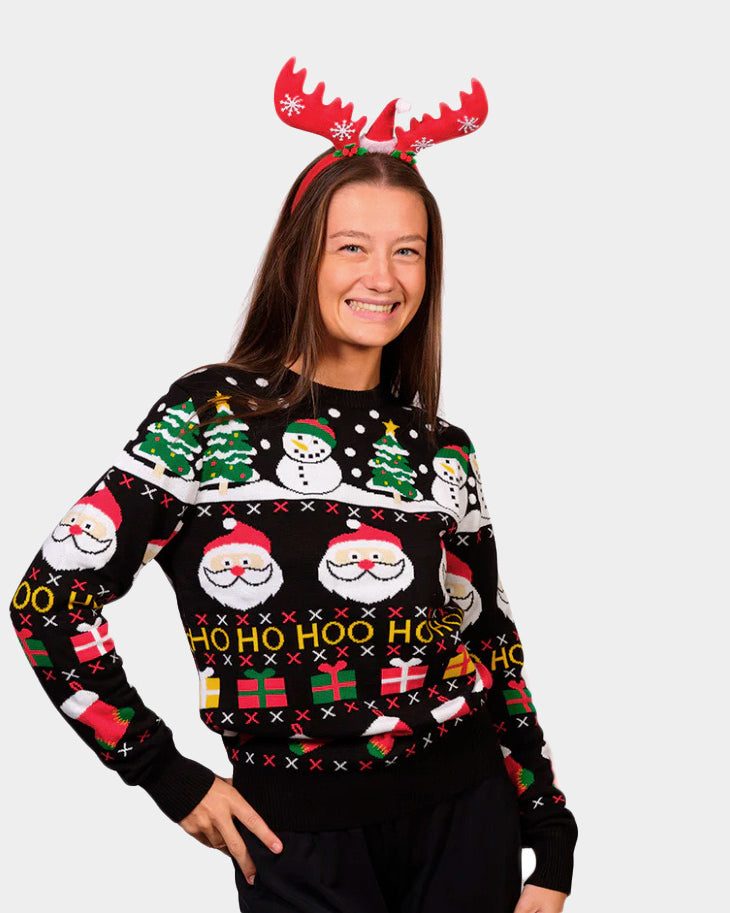 Pull de Noël avec Père Noël, Cadeaux et Bonhommes de Neige Coton Bio Femme