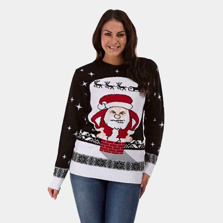 Pull de Noël Père Noël coincé dans la Cheminée Femme