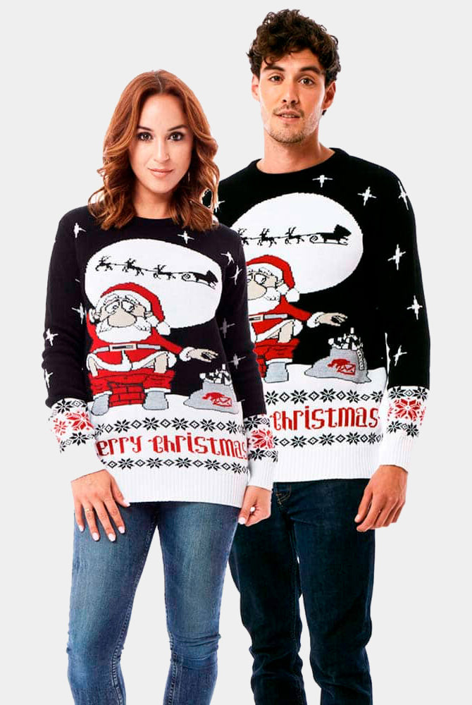 Pull de Noël Père Noël Déchargeant Couple