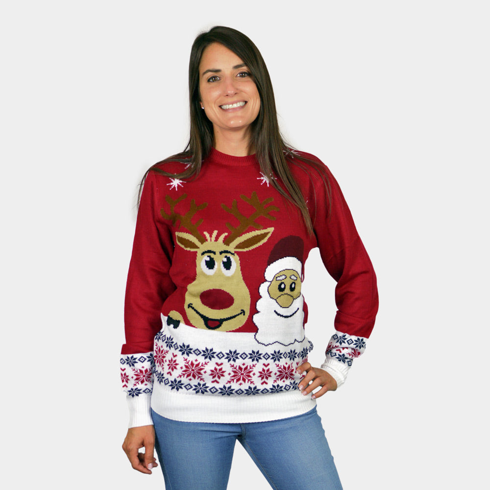 Pull de Noël Pere Noël et Renne Souriants Femme
