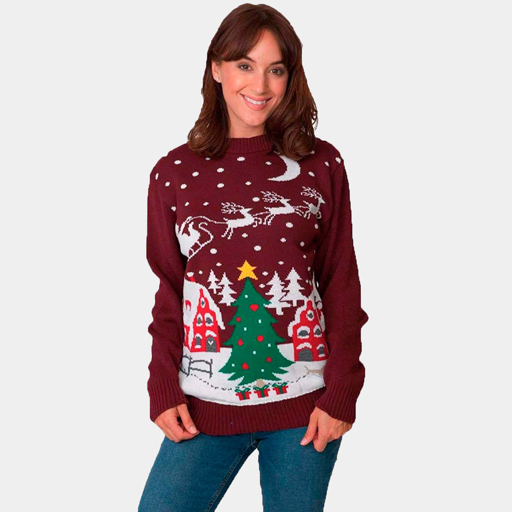 Pull de Noël Père Noël en Traîneau et Sapin de Noël Femme