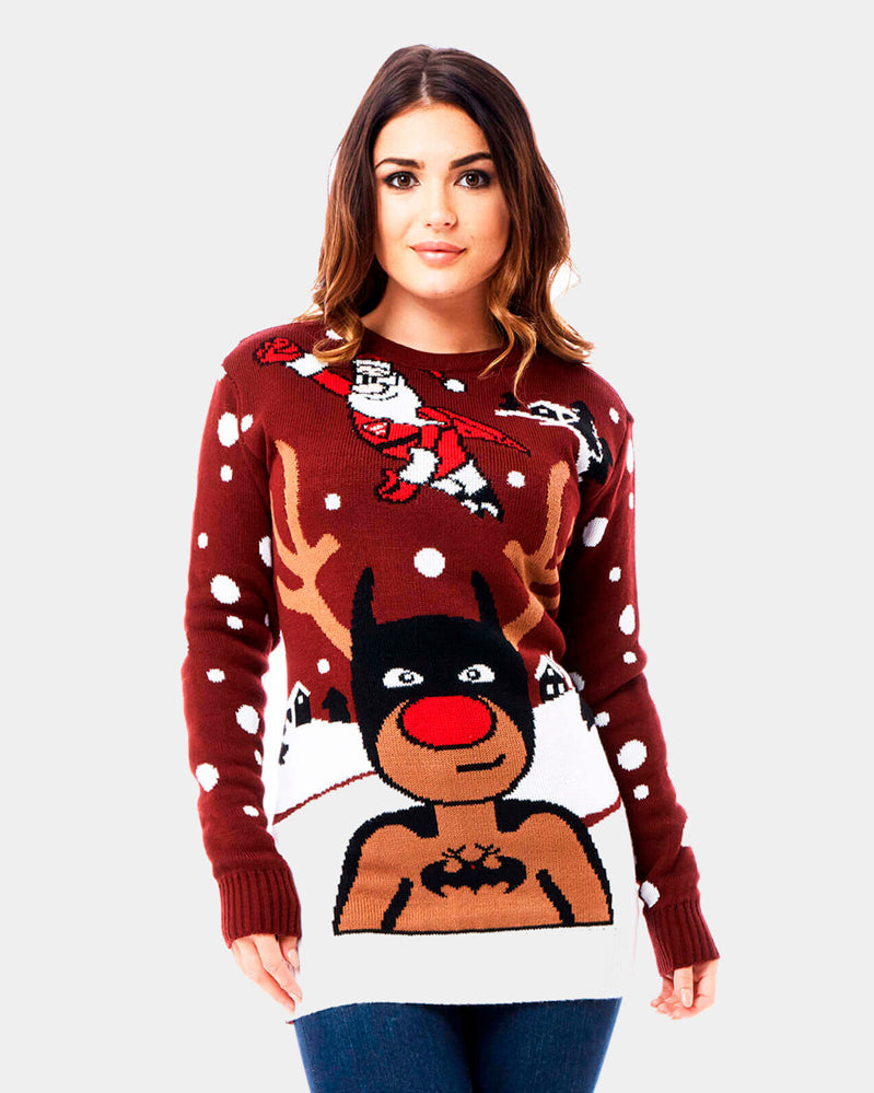 Pull de Noël Renne Batman Père Noël Superman Femme