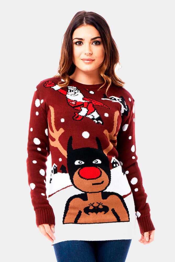 Pull de Noël Renne Batman Père Noël Superman Femme