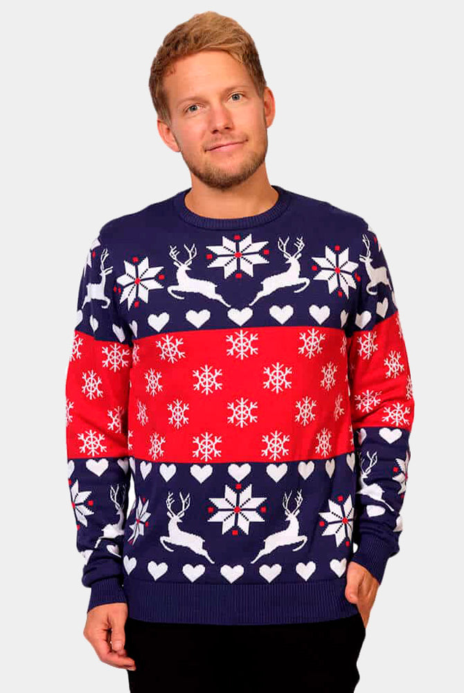 Pull de Noël Rennes et Cœurs Bleu et Rouge Homme