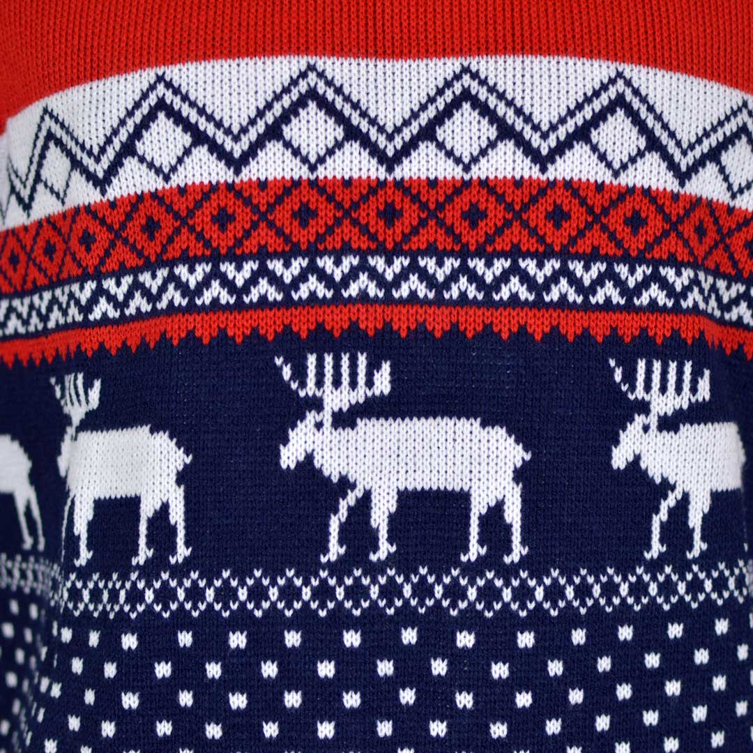 Pull de Noël Rennes Rouge et Bleu Marine Détail