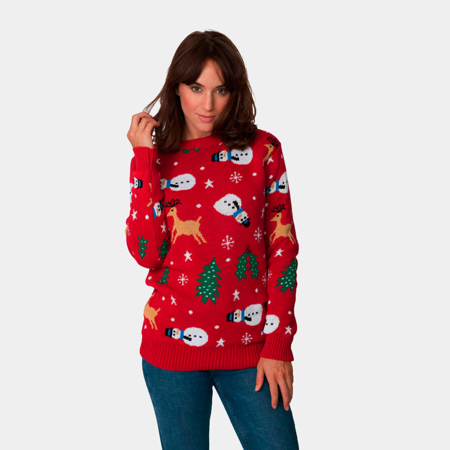 Pull de Noël Rouge avec Bonhommes de Neige, Rennes et Sapins Femme