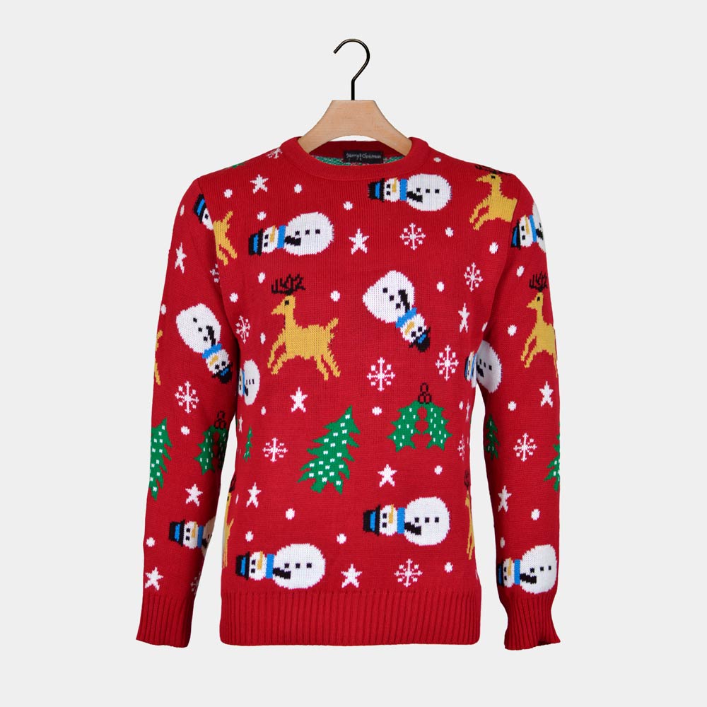 Pull de Noël Rouge avec Bonhommes de Neige, Rennes et Sapins