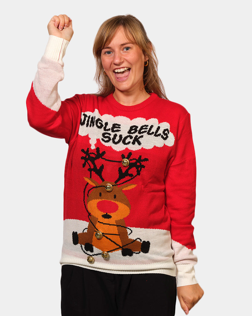 Pull de Noël Rouge Jingle Bells Suck Grelots 3D Femme