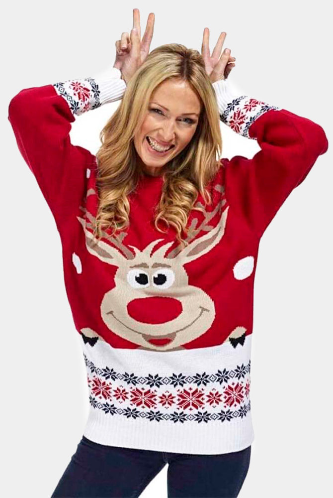 Pull de Noël Rouge avec Renne et Neige Femme
