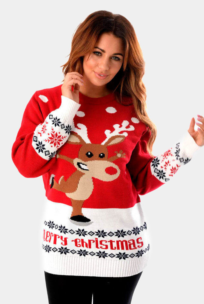 Pull de Noël Rouge avec Renne Patinant Femme