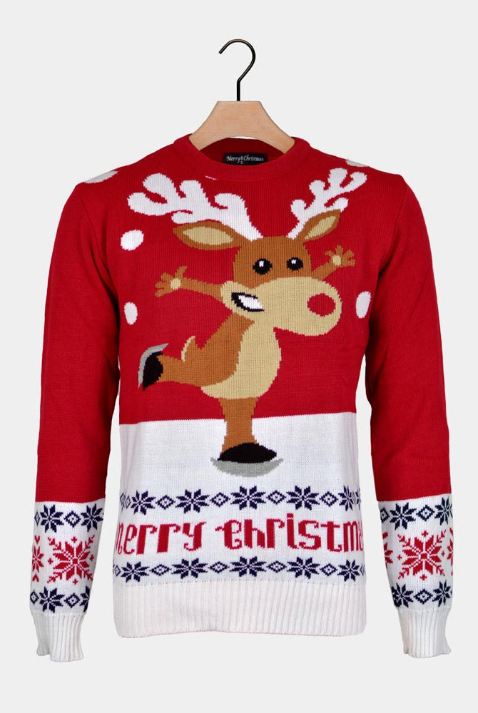 Pull de Noël Rouge avec Renne Patinant