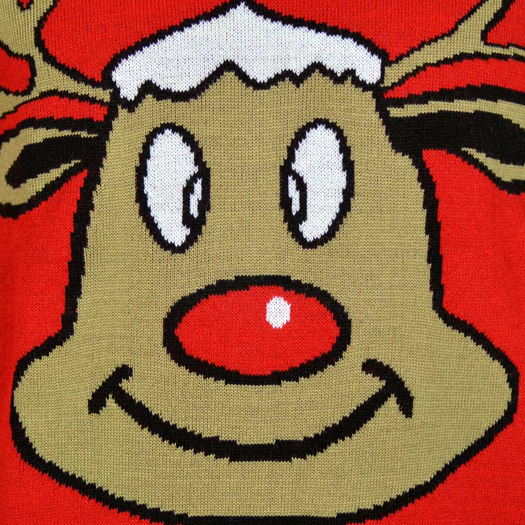 Pull de Noël Rouge avec Renne Souriant Détail