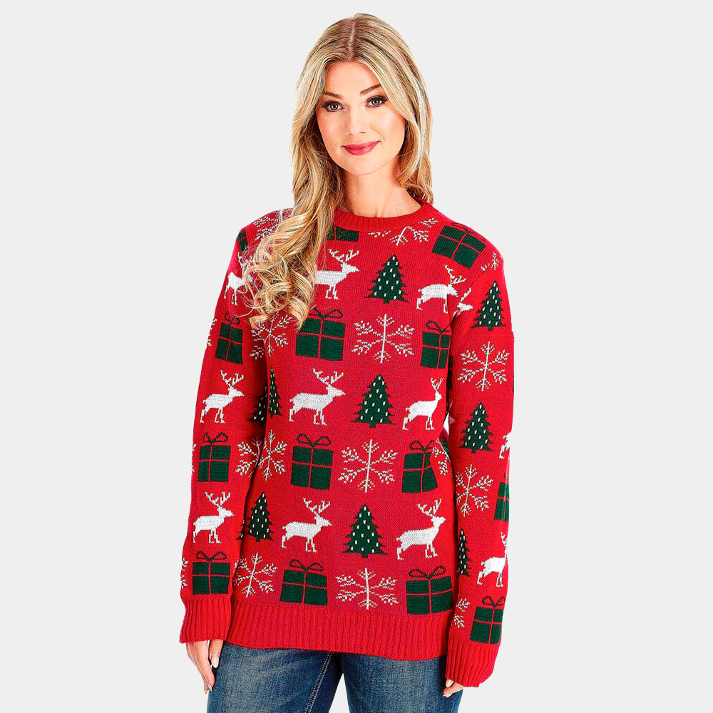 Pull de Noël Rouge avec Rennes, Cadeaux et Sapins Femme