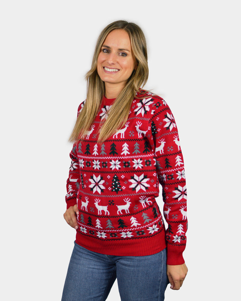 Pull de Noël femme Rouge avec Rennes, Sapins et Étoiles Polaires